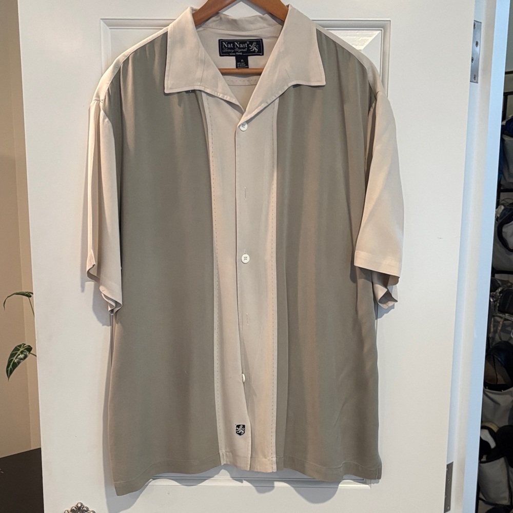 Nat Nast Greenish Tan and Cream Silk Button Down Shirt
